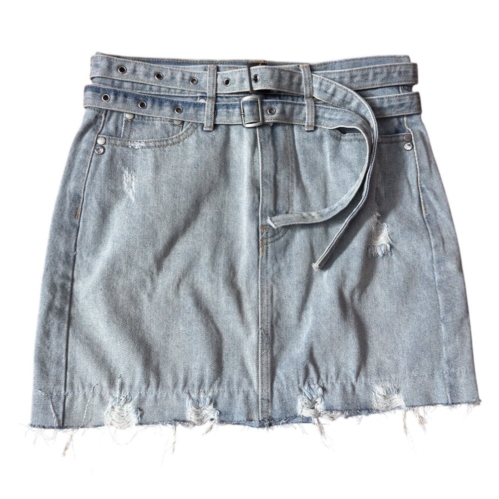 Sexy Y2K Venus Size 4 Light Denim Jean Mini‎ Skirt Belt & Frayed Hem Punk Rock